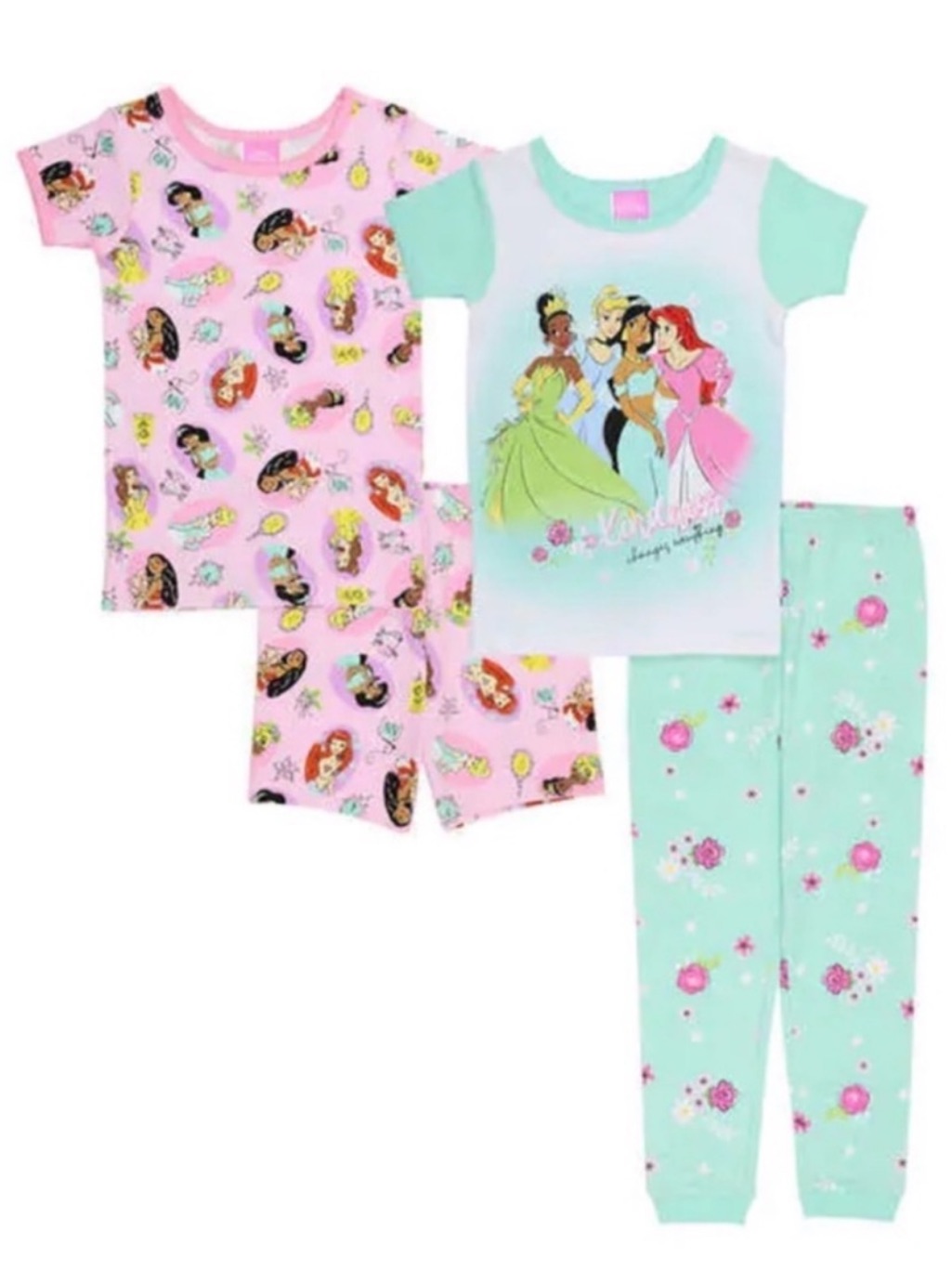 Disney Princess Kids 4-Piece Cotton Pajama Set For Youth Girls Green Pink - 3t